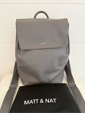NEW Matt & Nat Gray Vegan Leather Backpack with Silver Zipper Accents, FABI